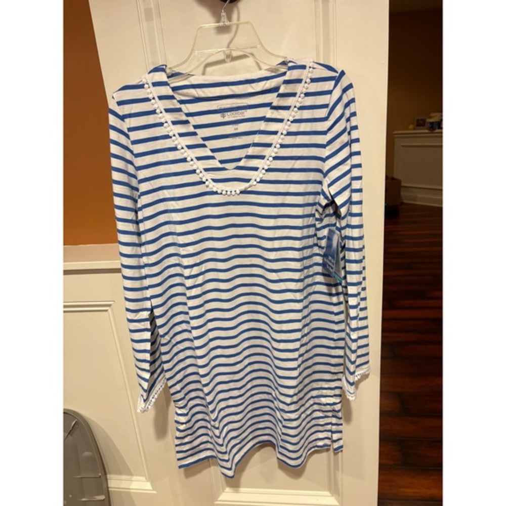 Coolibar Women XS Blue White Striped Long Sleeve UPF 50 Sun Protection Cover Up‎